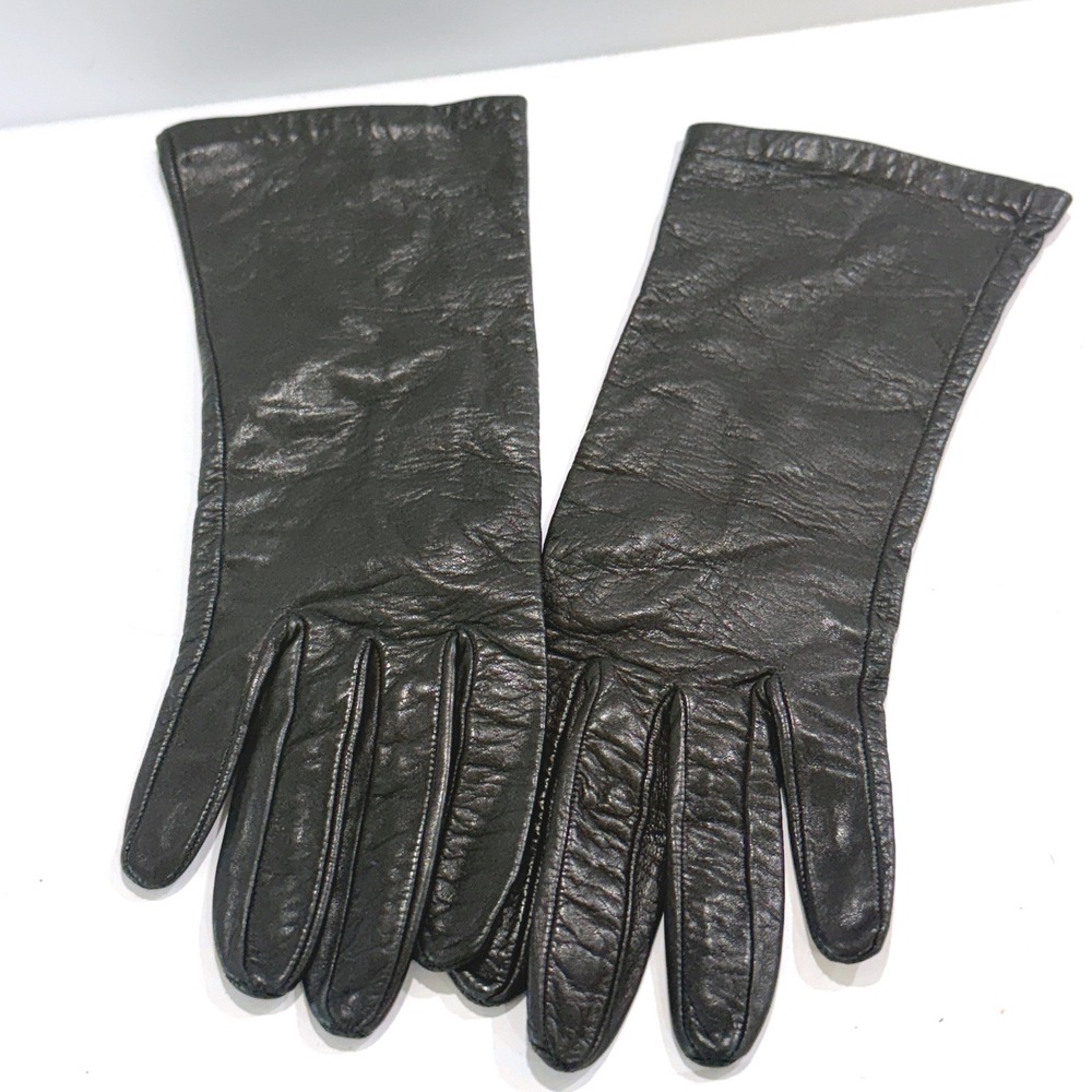 Vintage Italian Black Leather Gloves 100% Silk Lined Made in Italy Size 7